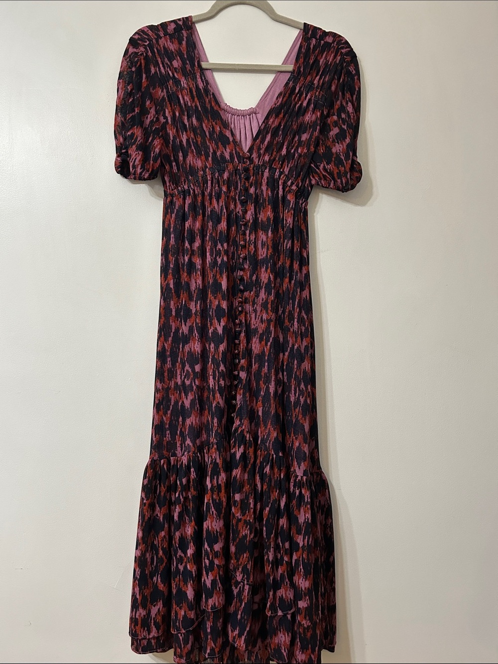 Anthropologie Printed Ruched Sleeve Maxi Dress Size XSP Pink/Black Boho Festival